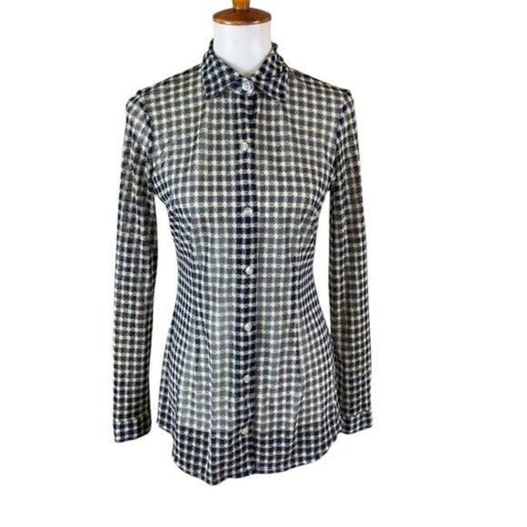 Cabi Blue White Sheer Gingham Button Front Shirt Long Sleeve Size Small - Picture 1 of 6